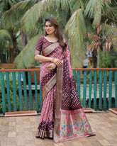 Brown And Peach Paithani with Bandhej Saree With Zari Weaving